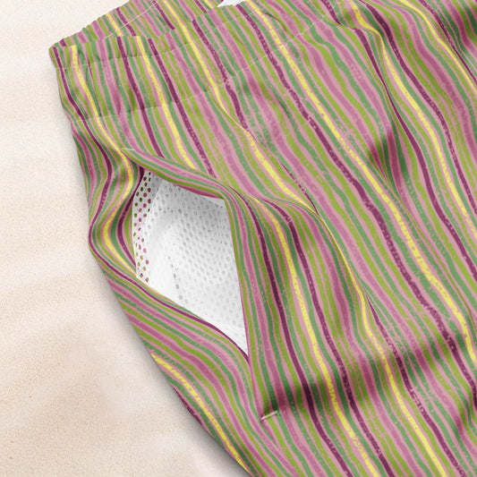 Citrus Grove Distressed Stripe Conservation Swim Trunks – Amaranth and Icterine