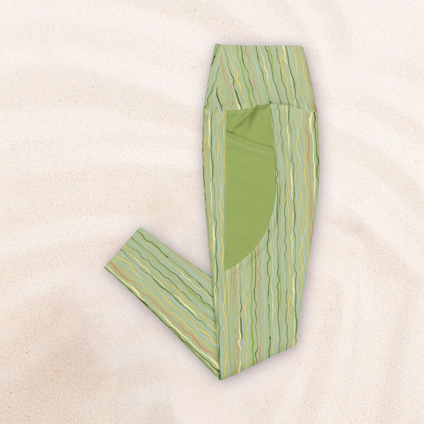 Tropicalia Stripe Yoga Leggings with Pockets – Light Grass with Sky Blue