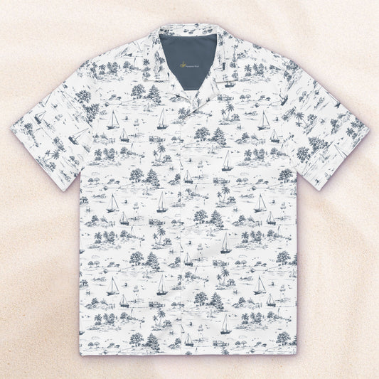 Seaside Toile Tropical Shirt – White with Van Deusen Navy