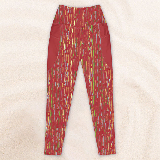 Tropicalia Stripe Yoga Leggings with Pocket – Rust Red